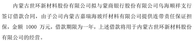 世Kaiyun 开云环新材拟向银行申请1000万借款 子公司内蒙古嘉瑞海玻纤材料有限公司提供连带责任保证担保(图1)