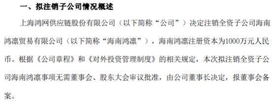 开云 开云体育平台鸿网股份拟注销全资子公司海南鸿凛贸易有限公司