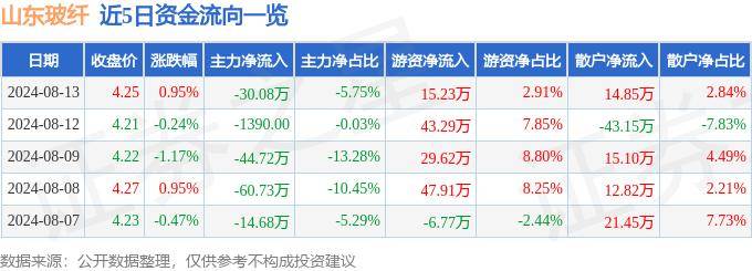 开云 开云体育平台行情快报：山东玻纤（605006）8月13日主力资金净卖出3008万元
